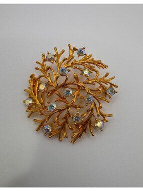 Vintage Gold Tone AB Rhinestone Floral Spray Brooch 2 Inch Statement Pin